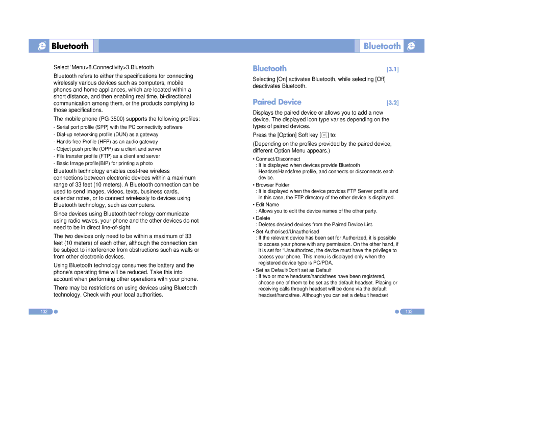 Pantech PG-3500 manual Bluetooth, Paired Device 