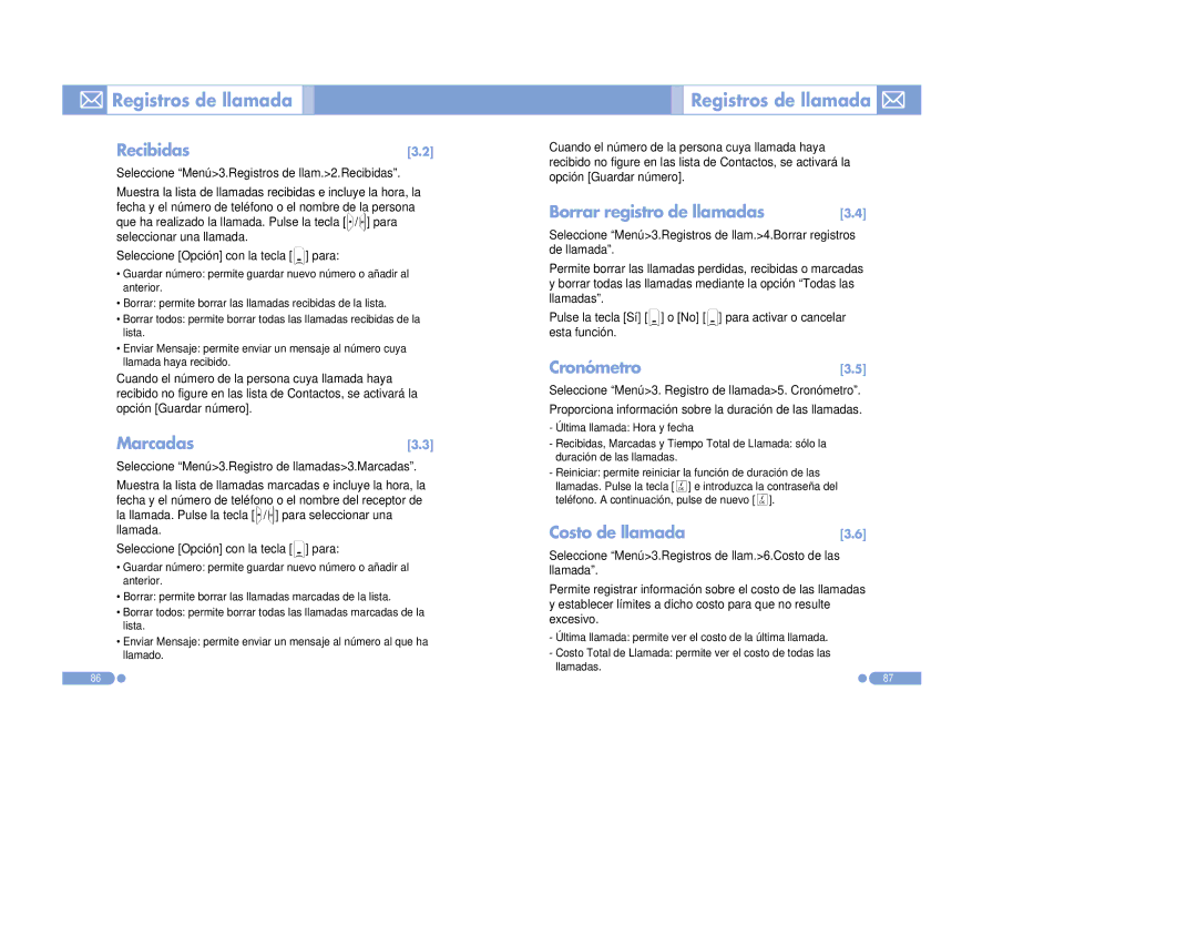 Pantech PG-6100 Registros de llamada Recibidas, Marcadas, Borrar registro de llamadas, Cronómetro3.5, Costo de llamada 