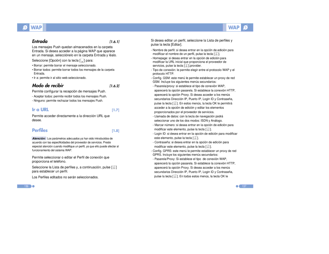 Pantech PG-6100 manual Entrada, Modo de recibir, Wap, Ir a URL, Perfiles 