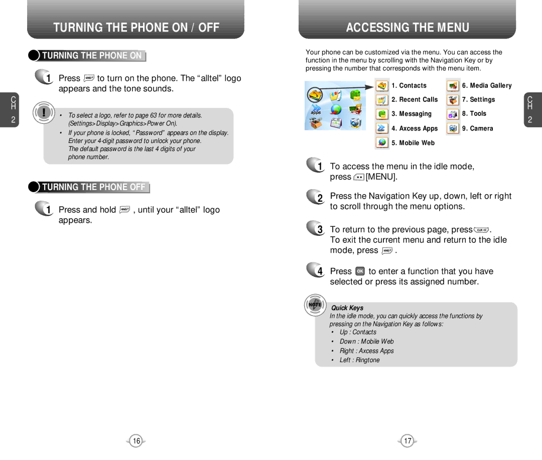 Pantech PN-218 manual Turning the Phone on / OFF, Accessing the Menu, Turning the Phone OFF 