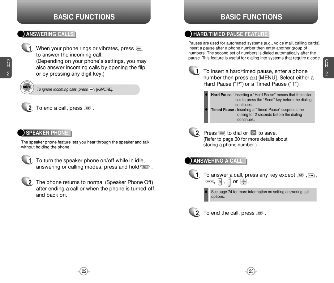 Pantech PN-218 manual Answering Calls, Speaker Phone, HARD/TIMED Pause Feature, Answering a Call 