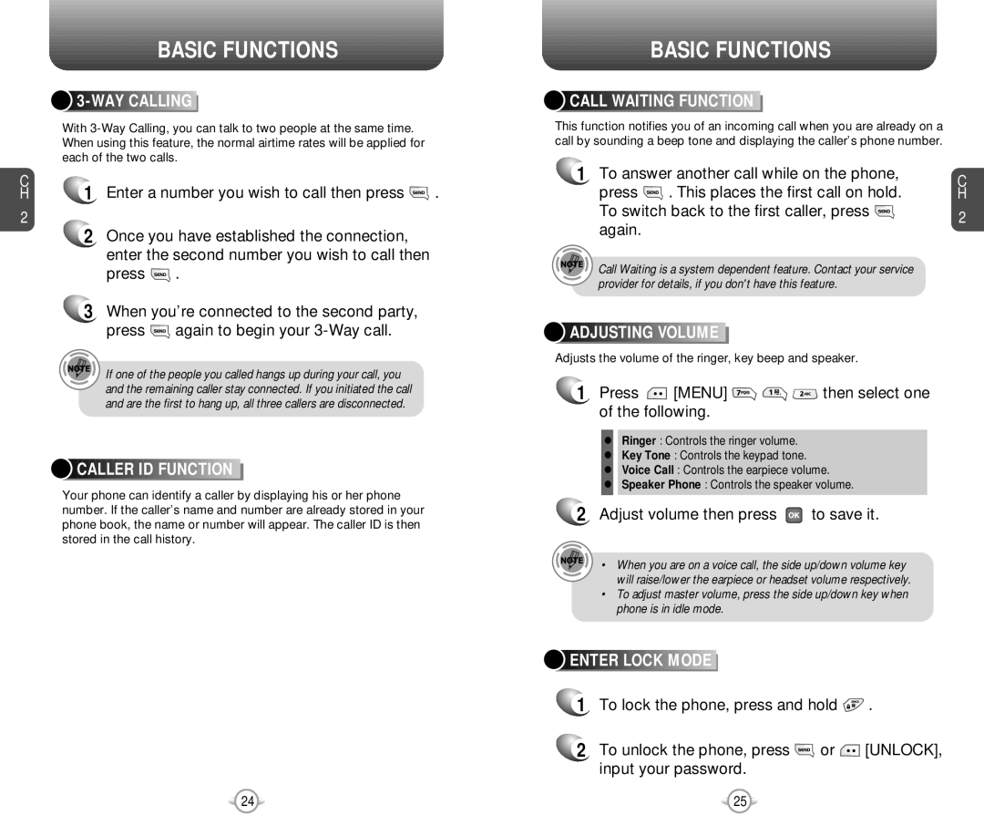 Pantech PN-218 manual WAY Calling, Caller ID Function, Call Waiting Function, Adjusting Volume, Enter Lock Mode 