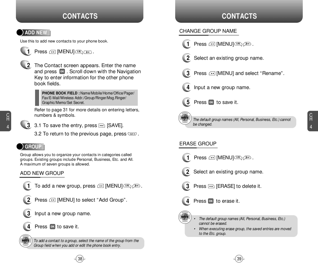 Pantech PN-218 manual Add New, ADD NEW Group, Change Group Name, Erase Group 