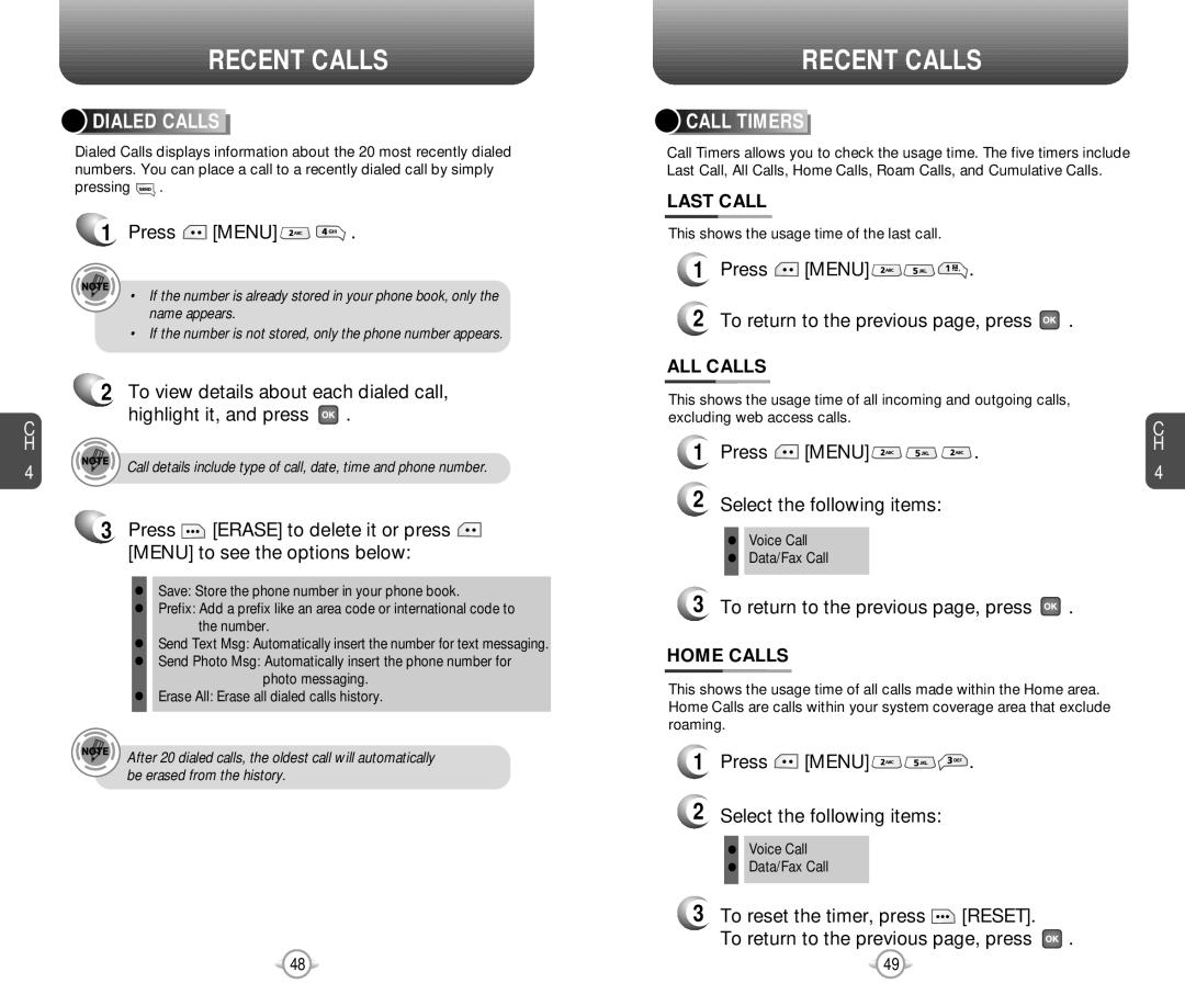 Pantech PN-218 manual Dialed Calls, Call Timers, Last Call, ALL Calls, Home Calls 