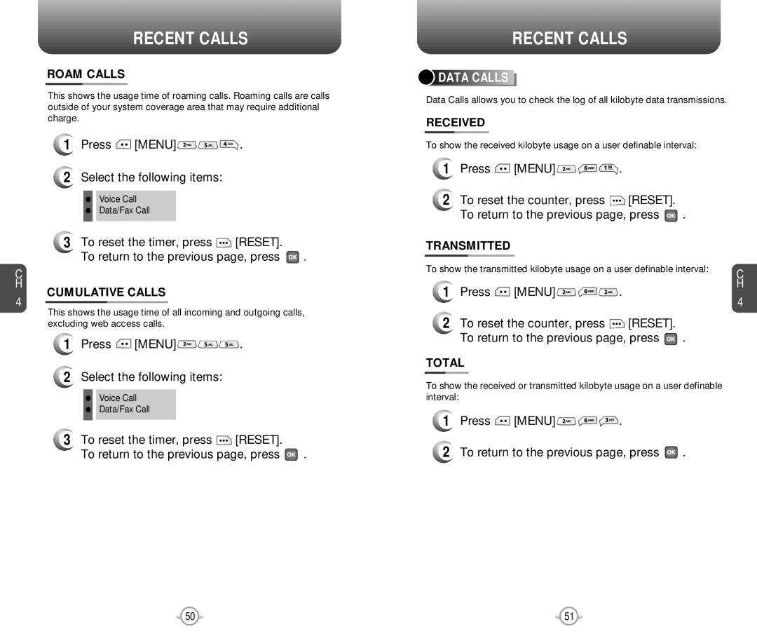 Pantech PN-218 manual Data Calls 