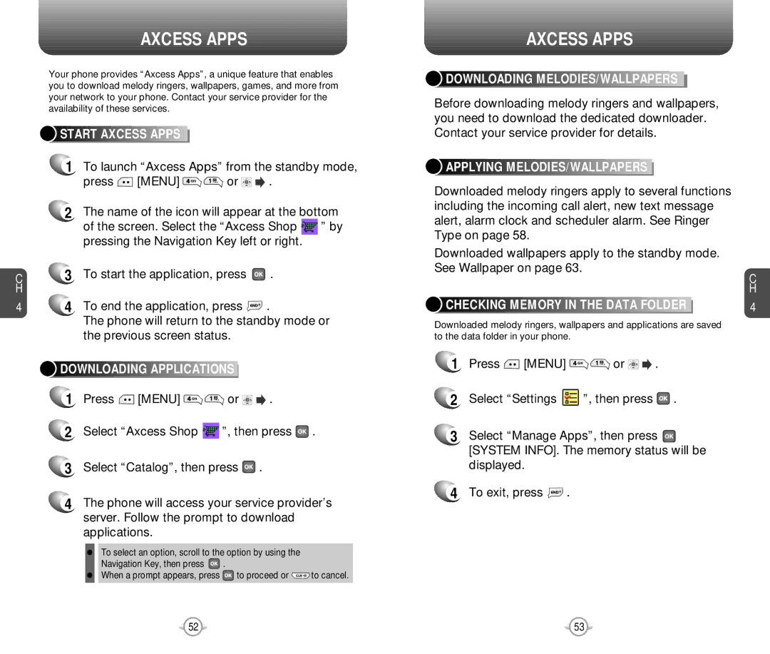 Pantech PN-218 manual Axcess Apps, Downloading Applications, Downloading MELODIES/WALLPAPERS, Applying MELODIES/WALLPAPERS 