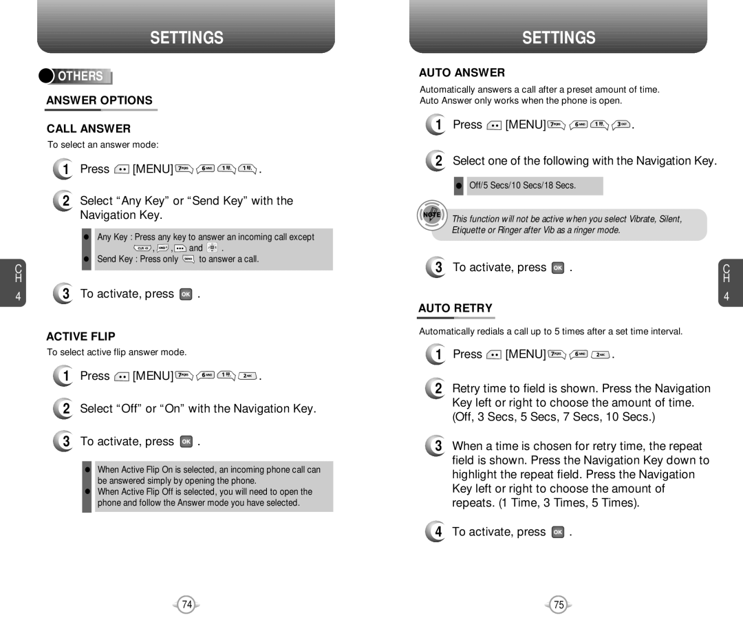 Pantech PN-218 manual Others, Answer Options Call Answer, Active Flip, Auto Answer 