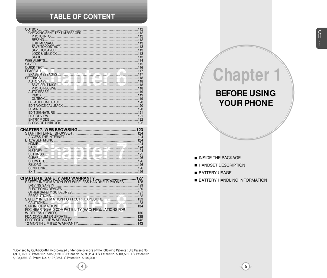 Pantech PN-218 manual Chapter, Table of Content 