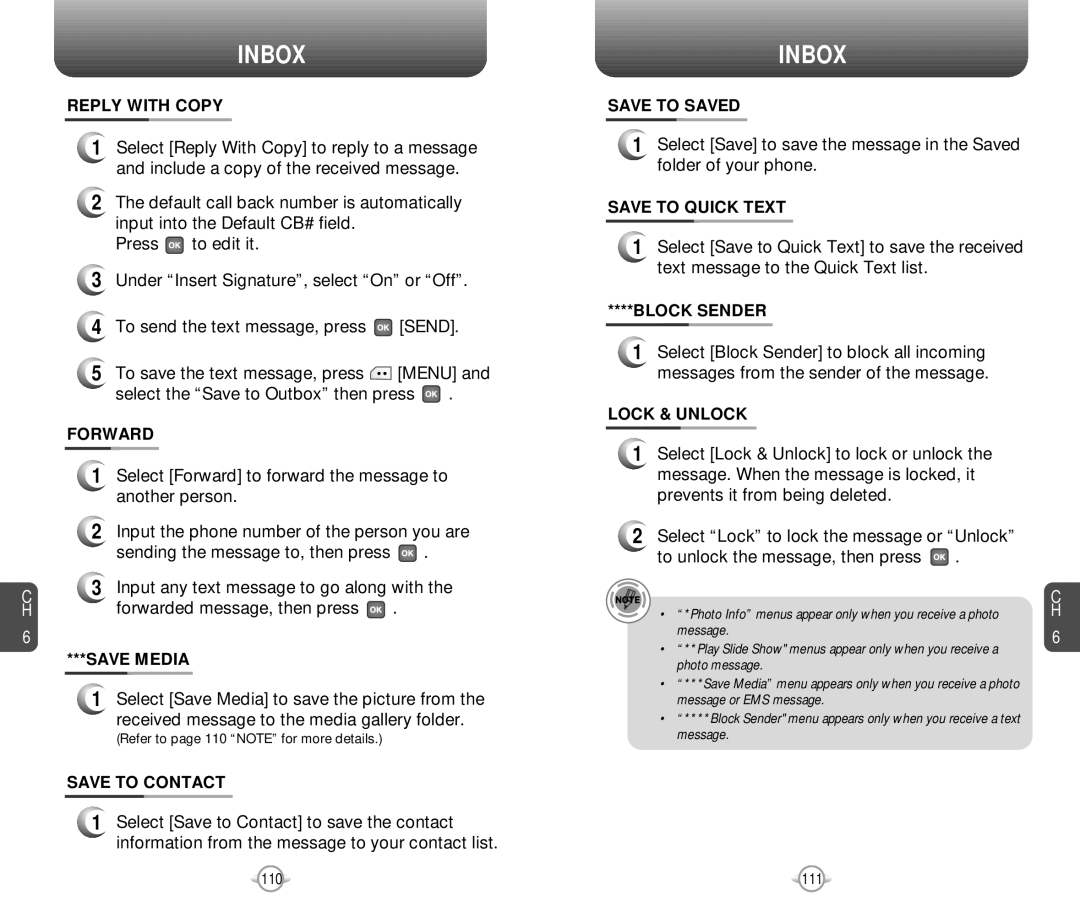 Pantech PN-218 Reply with Copy, Forward, Save Media, Save to Contact, Save to Saved, Save to Quick Text, Block Sender 