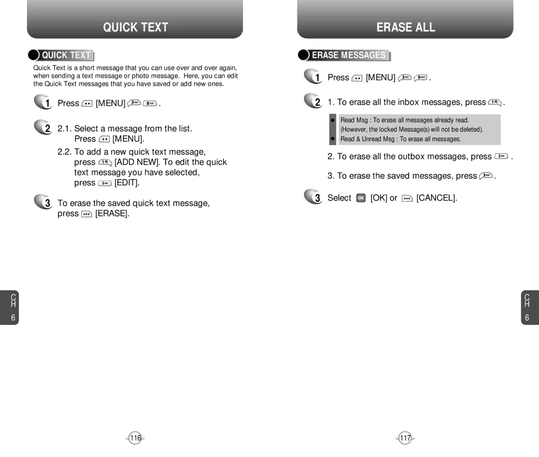 Pantech PN-218 manual Quick Text, Erase ALL, Erase Messages, Press Menu To erase all the inbox messages, press 