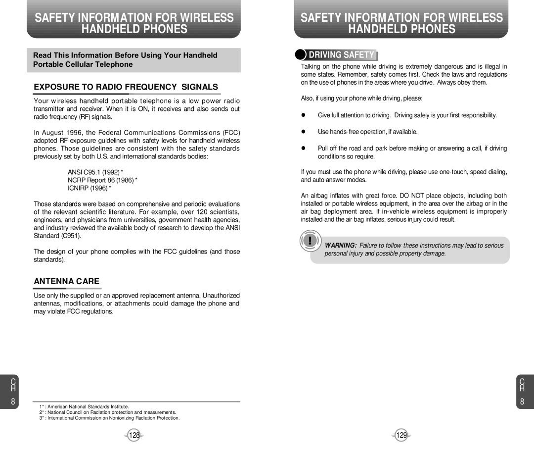 Pantech PN-218 manual Safety Information for Wireless Handheld Phones, Driving Safety, Exposure to Radio Frequency Signals 