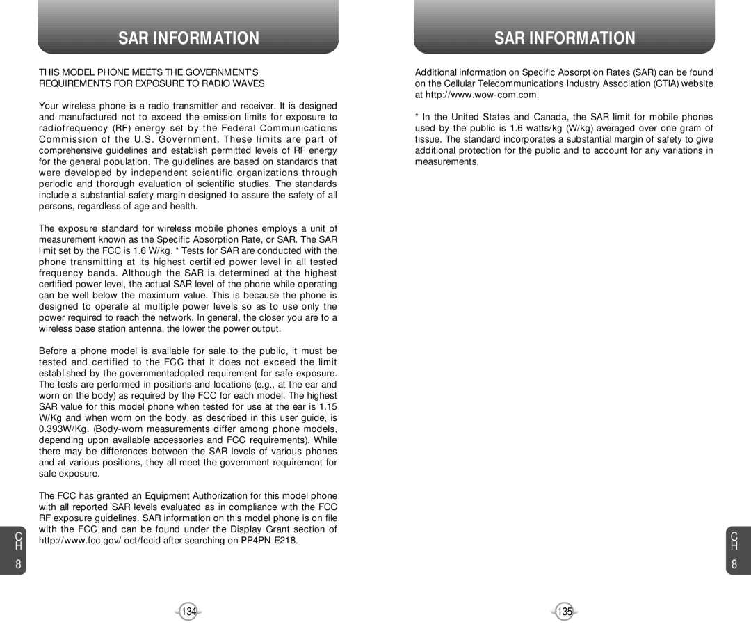 Pantech PN-218 manual SAR Information 