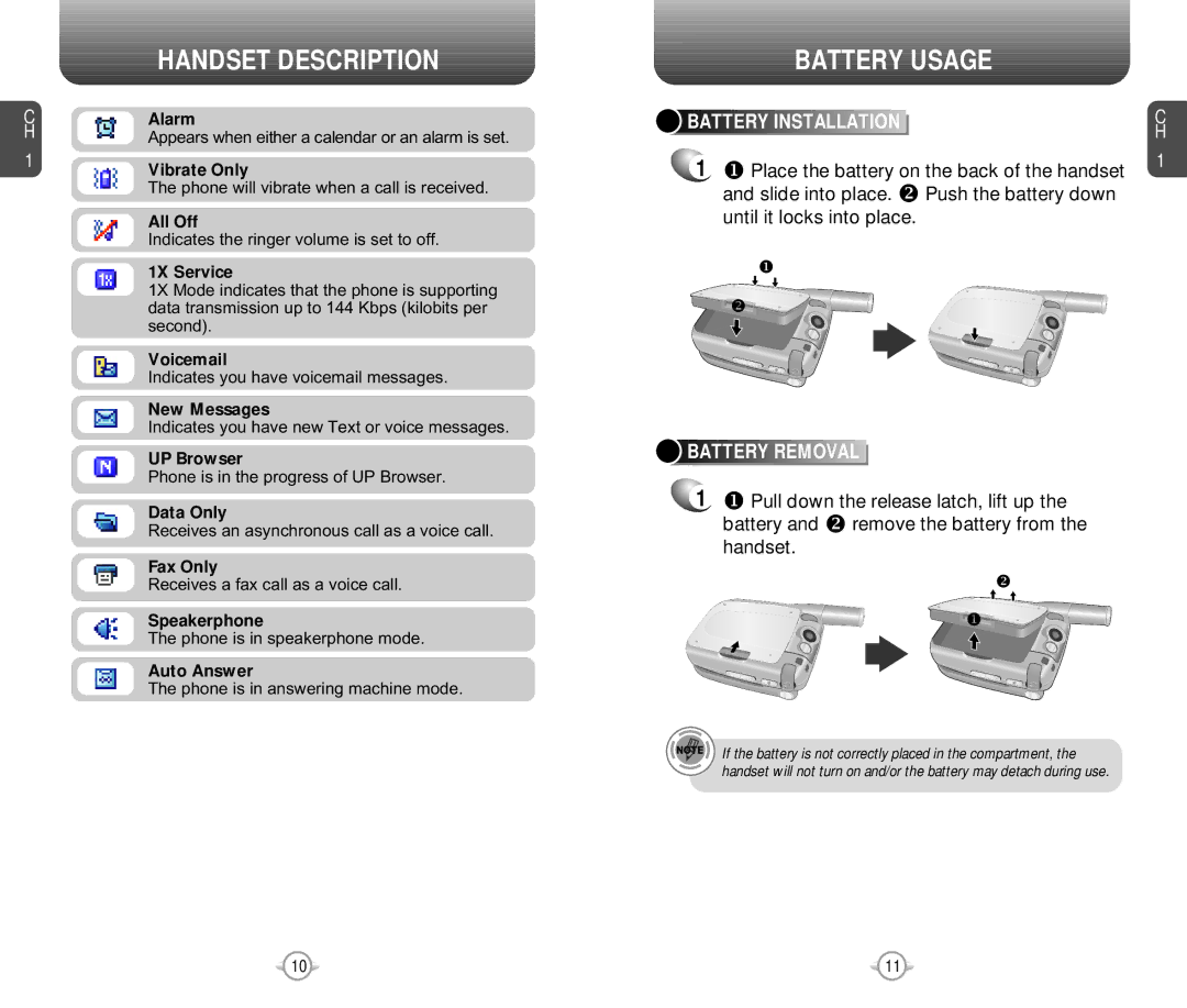 Pantech PN-218 manual Battery Usage, Battery Installation, Battery Removal 