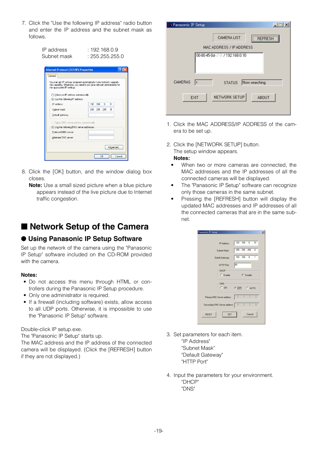 Pantech WV-NW474S manual Network Setup of the Camera, Using Panasonic IP Setup Software, Dns 