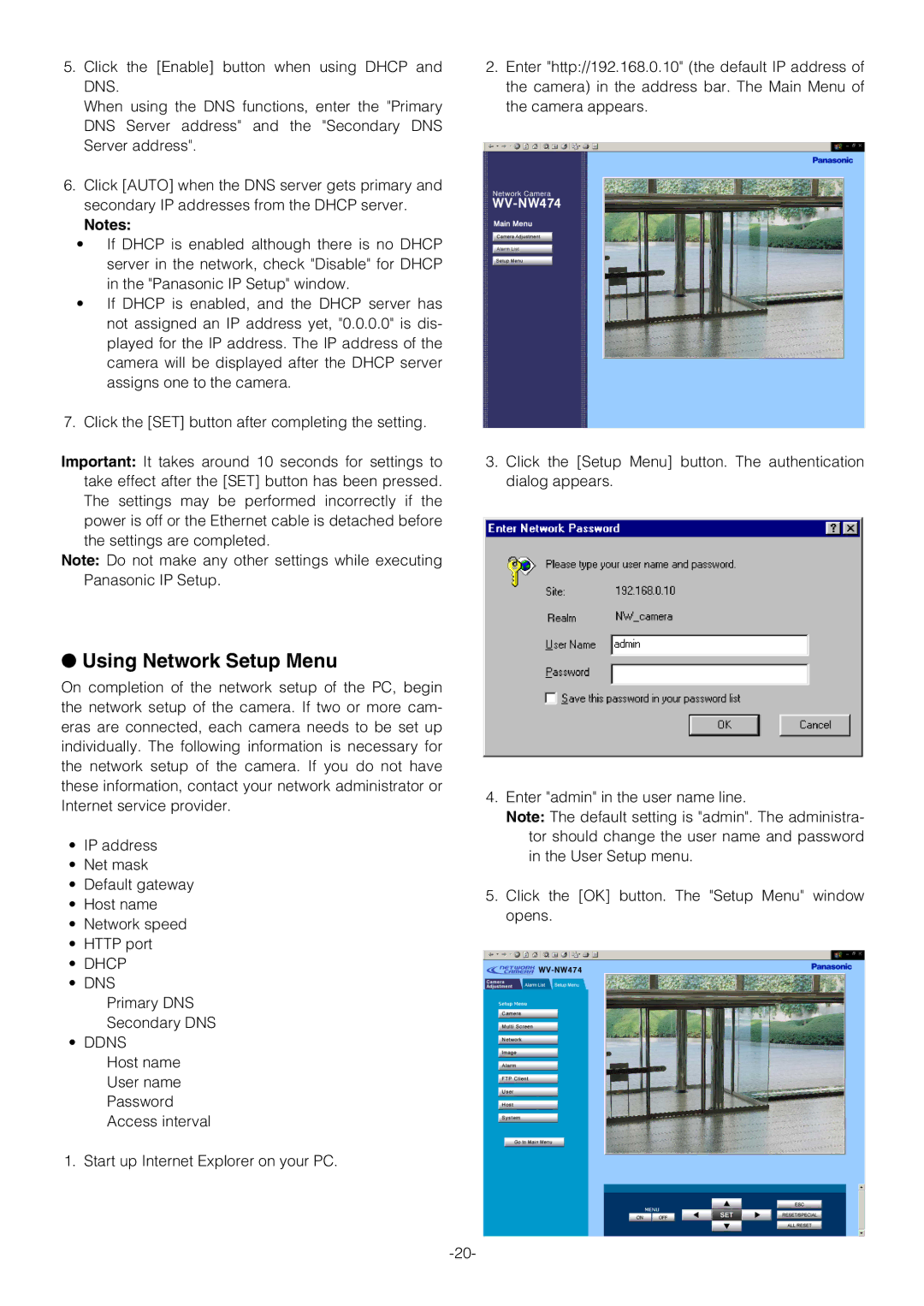 Pantech WV-NW474S manual Using Network Setup Menu, Dhcp DNS, Ddns 