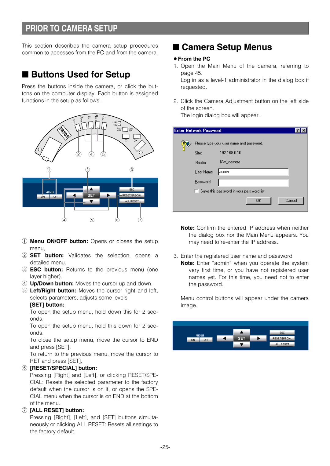 Pantech WV-NW474S manual Prior to Camera Setup, Buttons Used for Setup, Camera Setup Menus 