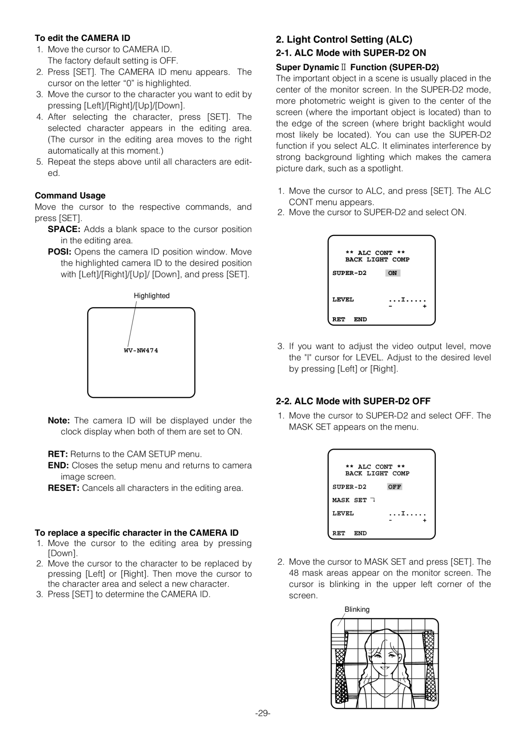 Pantech WV-NW474S manual Light Control Setting ALC, To edit the Camera ID, Command Usage, Super Dynamic2 Function SUPER-D2 