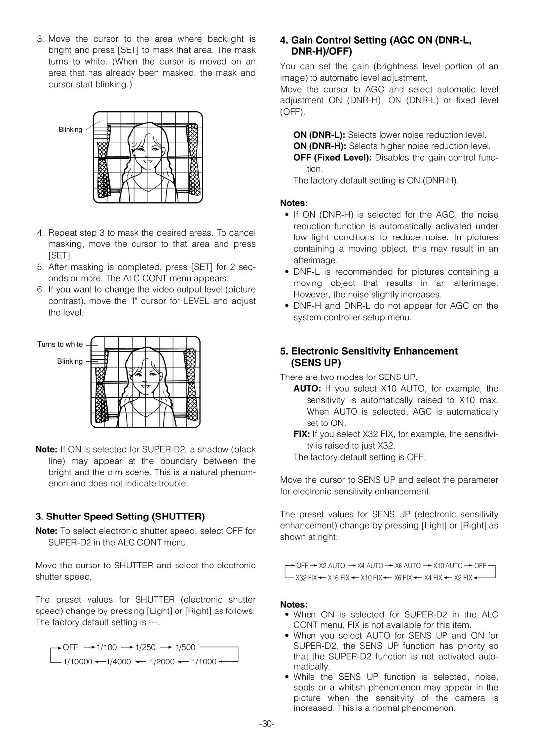 Pantech WV-NW474S manual Gain Control Setting AGC on DNR-L, DNR-H/OFF, Electronic Sensitivity Enhancement Sens UP 