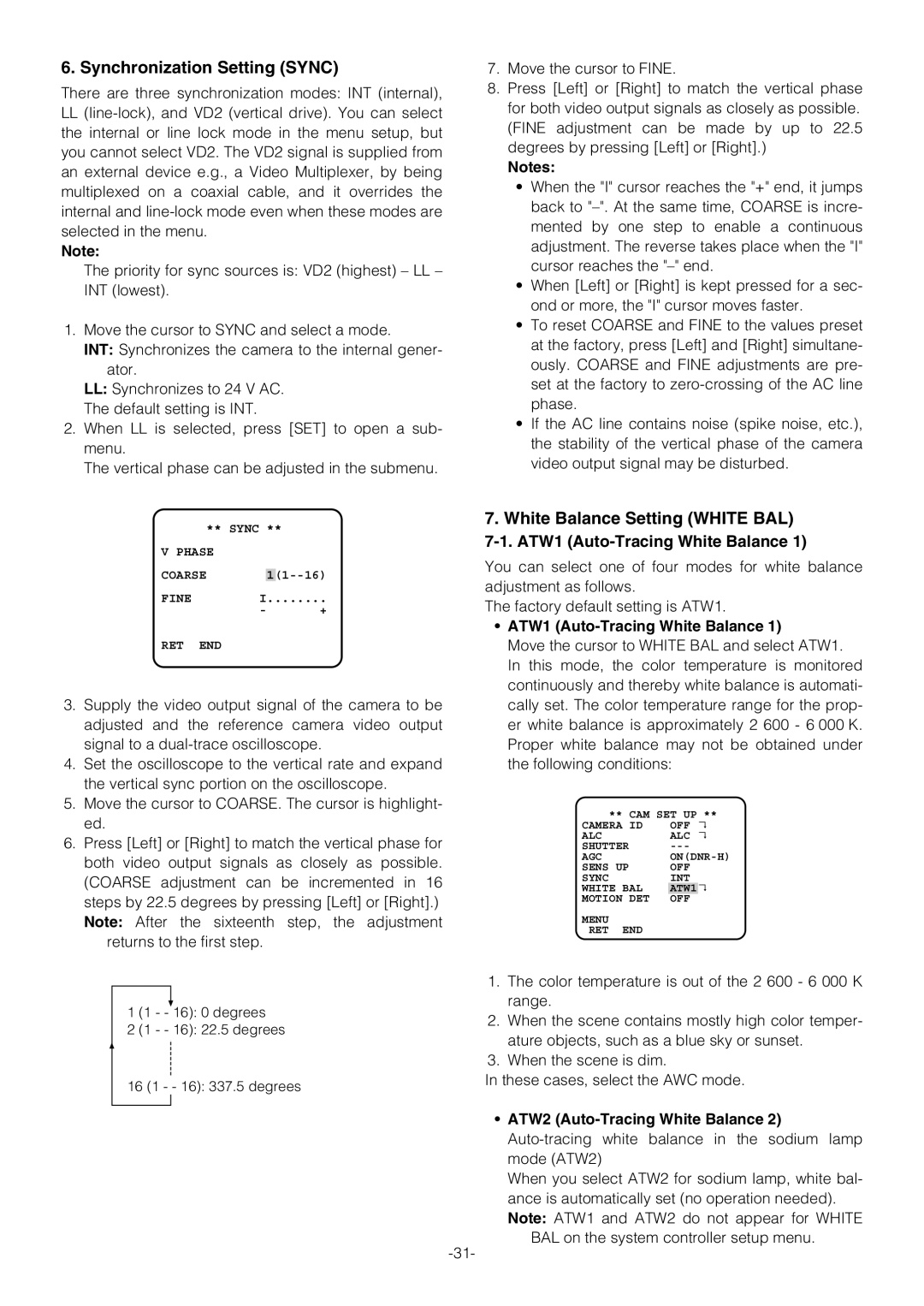 Pantech WV-NW474S manual Synchronization Setting Sync, ATW1 Auto-Tracing White Balance 