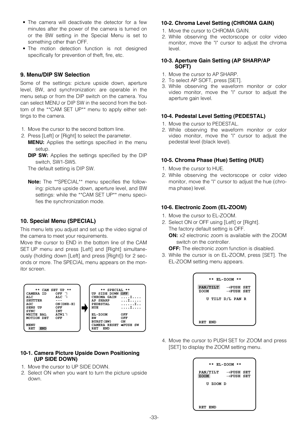 Pantech WV-NW474S manual Menu/DIP SW Selection, Special Menu Special 