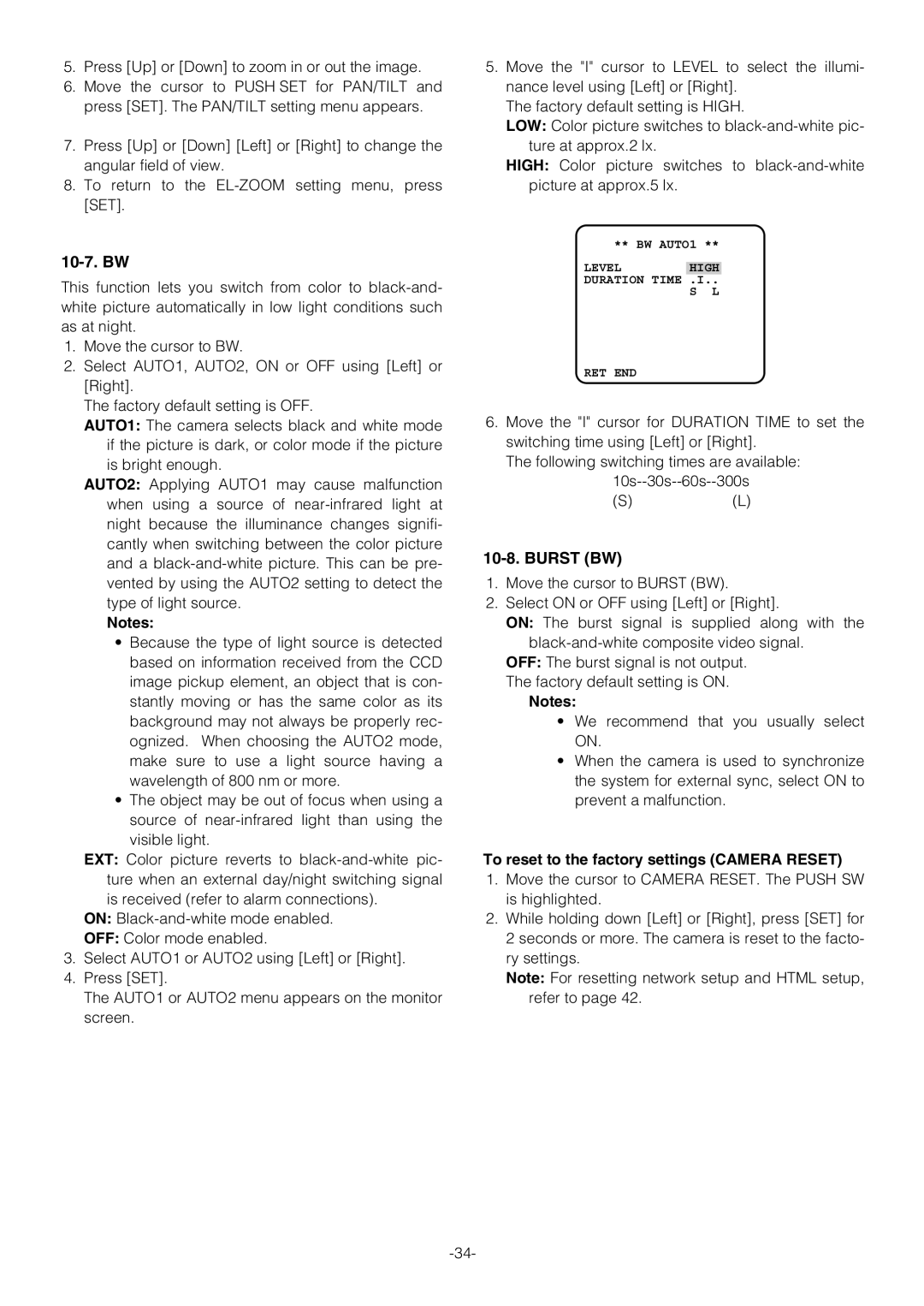 Pantech WV-NW474S manual 10-7. BW, To reset to the factory settings Camera Reset 