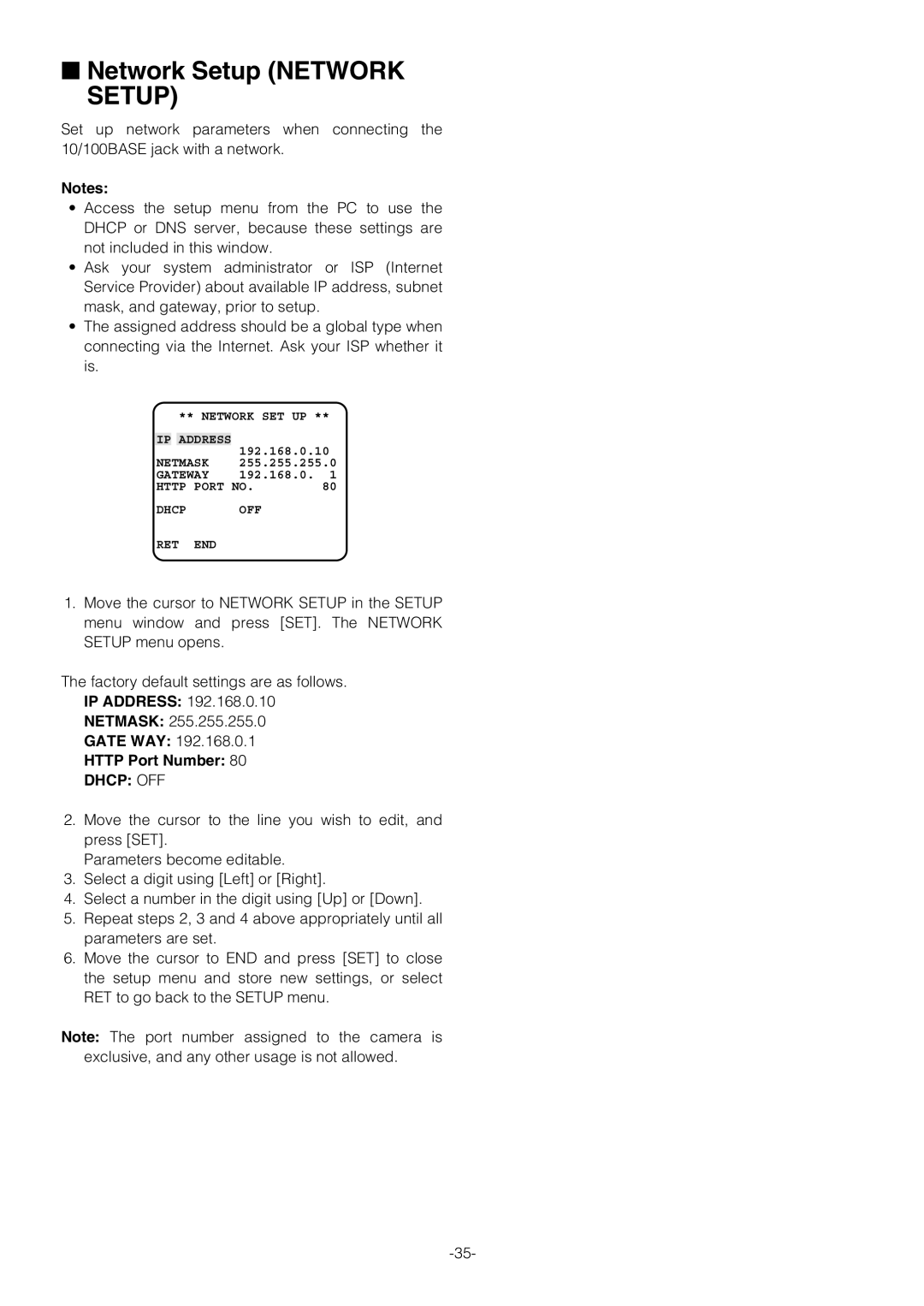 Pantech WV-NW474S manual Network Setup Network Setup, Http Port Number 