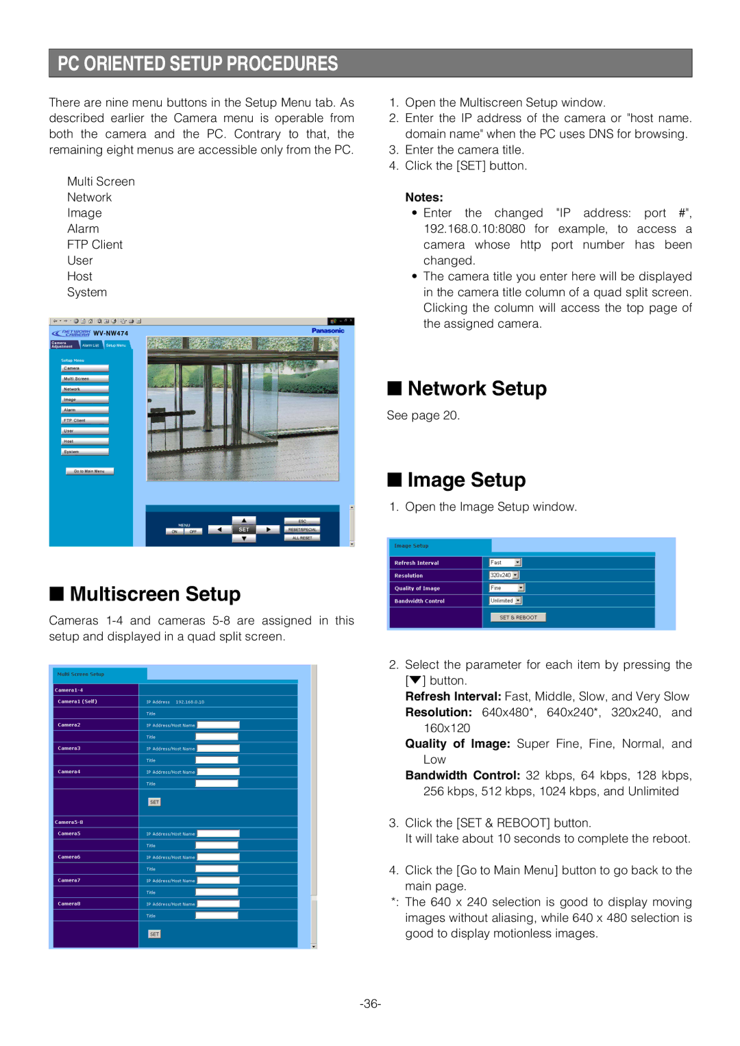 Pantech WV-NW474S manual PC Oriented Setup Procedures, Network Setup, Image Setup, Multiscreen Setup 