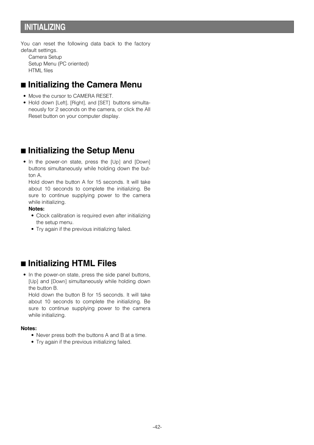 Pantech WV-NW474S manual Initializing the Camera Menu, Initializing the Setup Menu, Initializing Html Files 