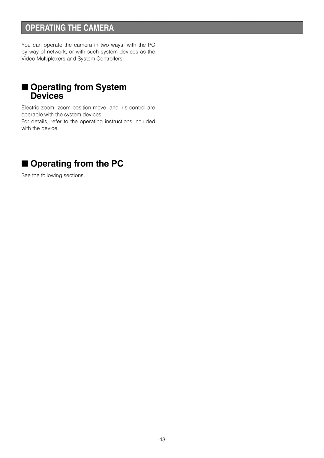 Pantech WV-NW474S manual Operating the Camera, Operating from System Devices, Operating from the PC 