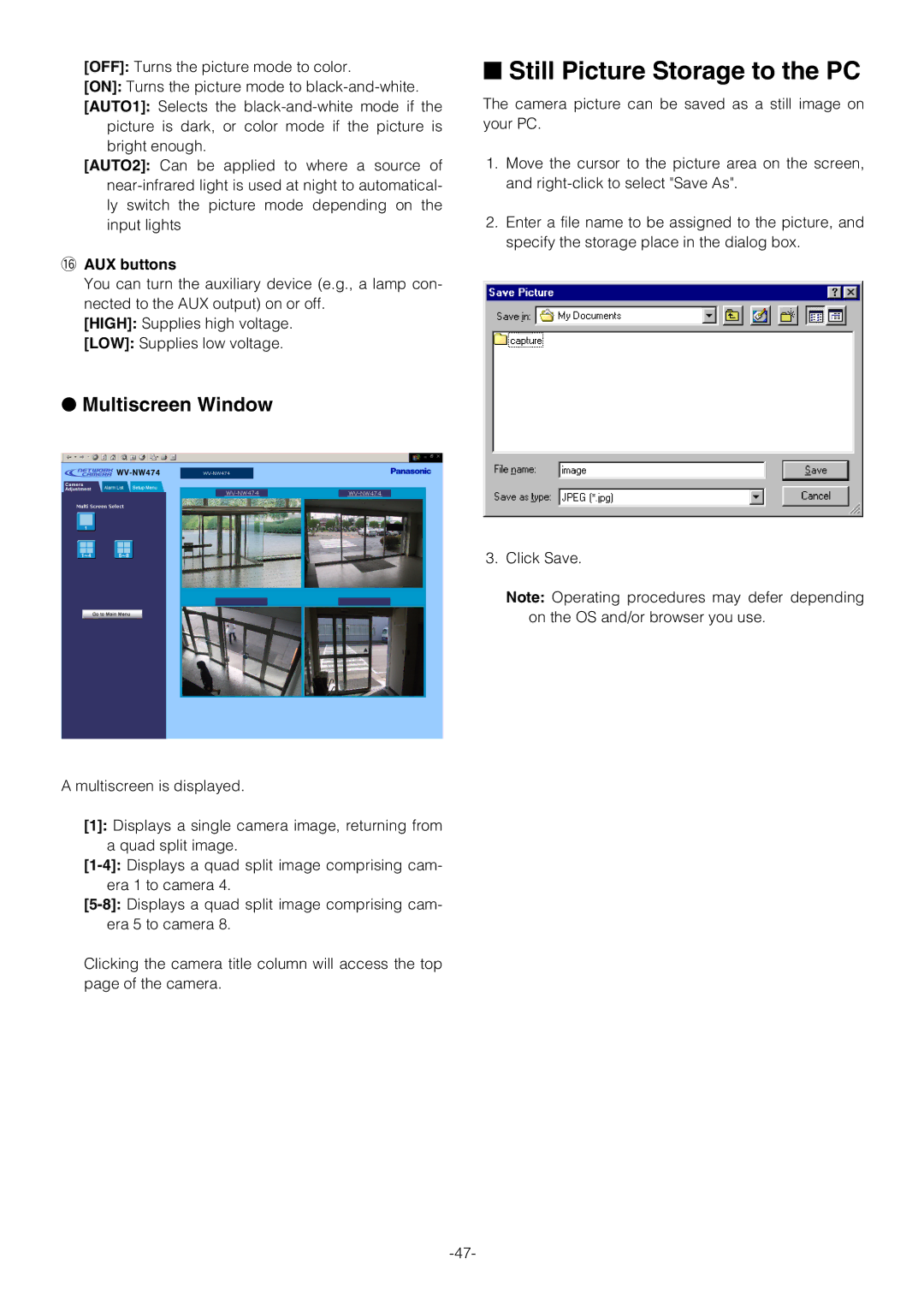 Pantech WV-NW474S manual Still Picture Storage to the PC, Multiscreen Window, 6AUX buttons 