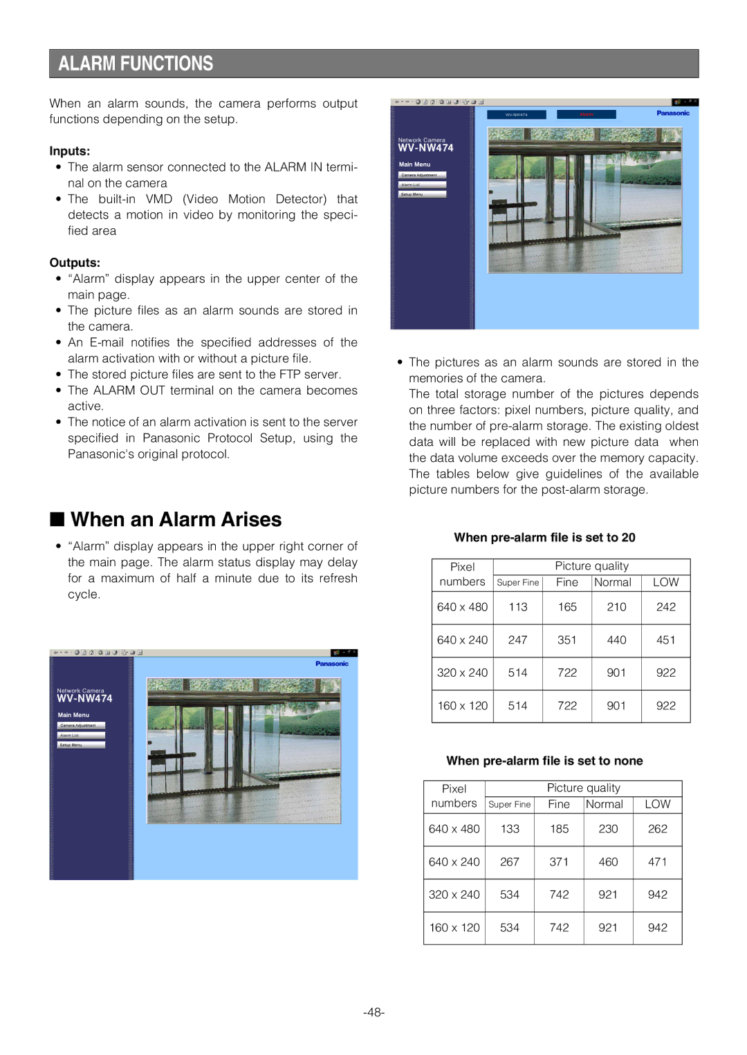 Pantech WV-NW474S manual Alarm Functions, When an Alarm Arises 