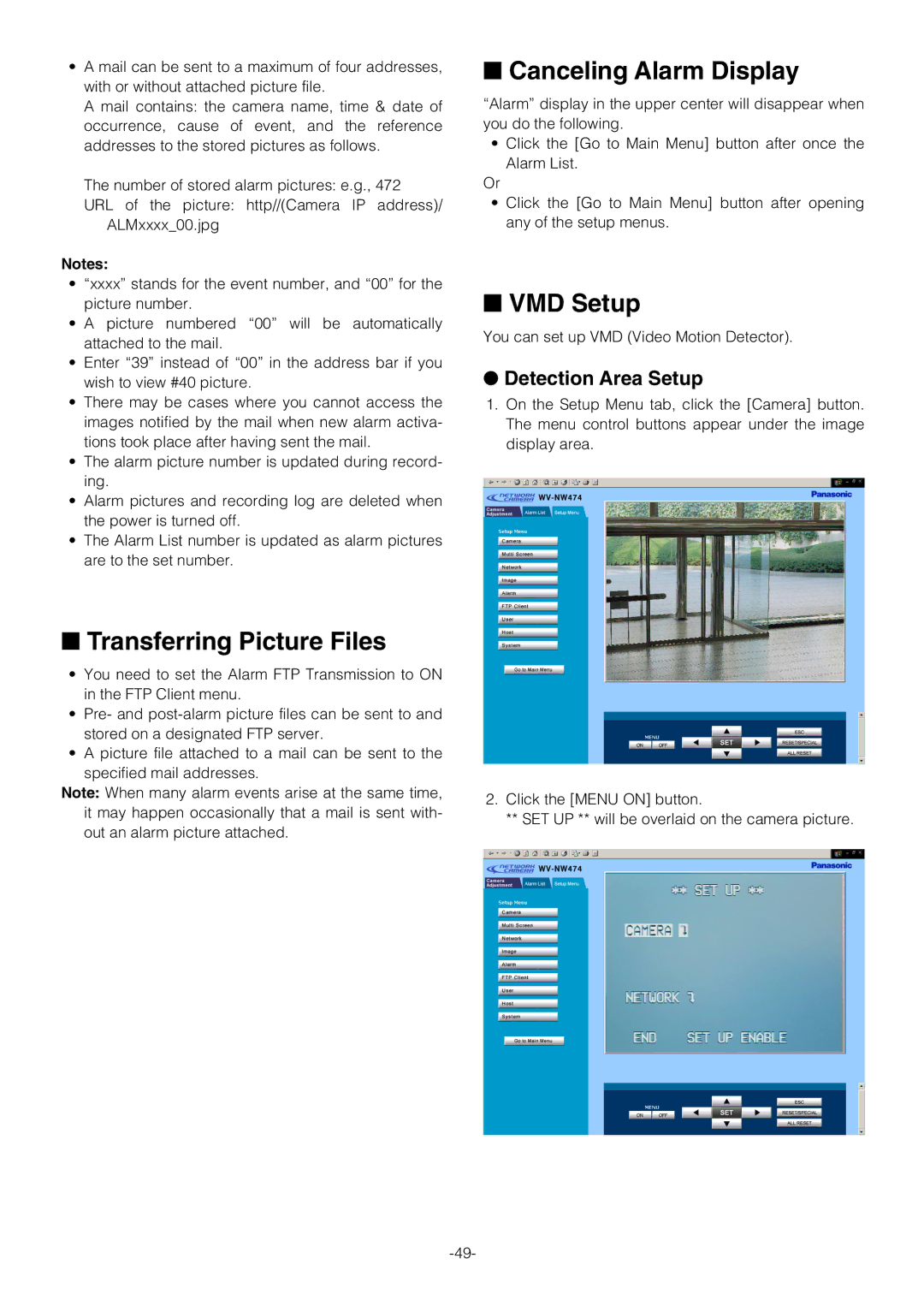 Pantech WV-NW474S manual Transferring Picture Files, Canceling Alarm Display, VMD Setup, Detection Area Setup 