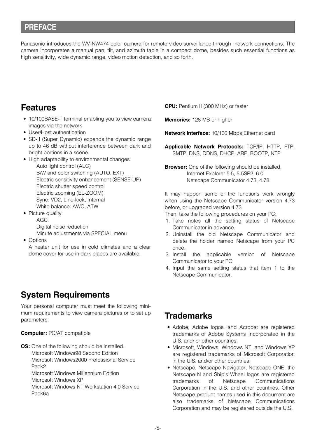 Pantech WV-NW474S manual Preface, Features, System Requirements, Trademarks, Applicable Network Protocols TCP/IP, HTTP, FTP 