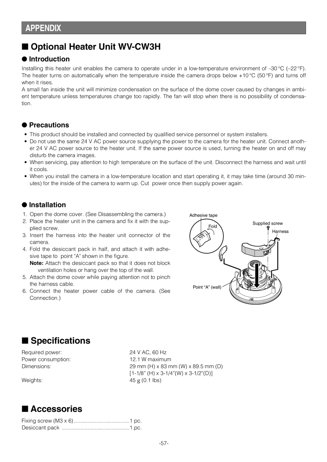 Pantech WV-NW474S manual Appendix, Optional Heater Unit WV-CW3H, Specifications, Accessories 