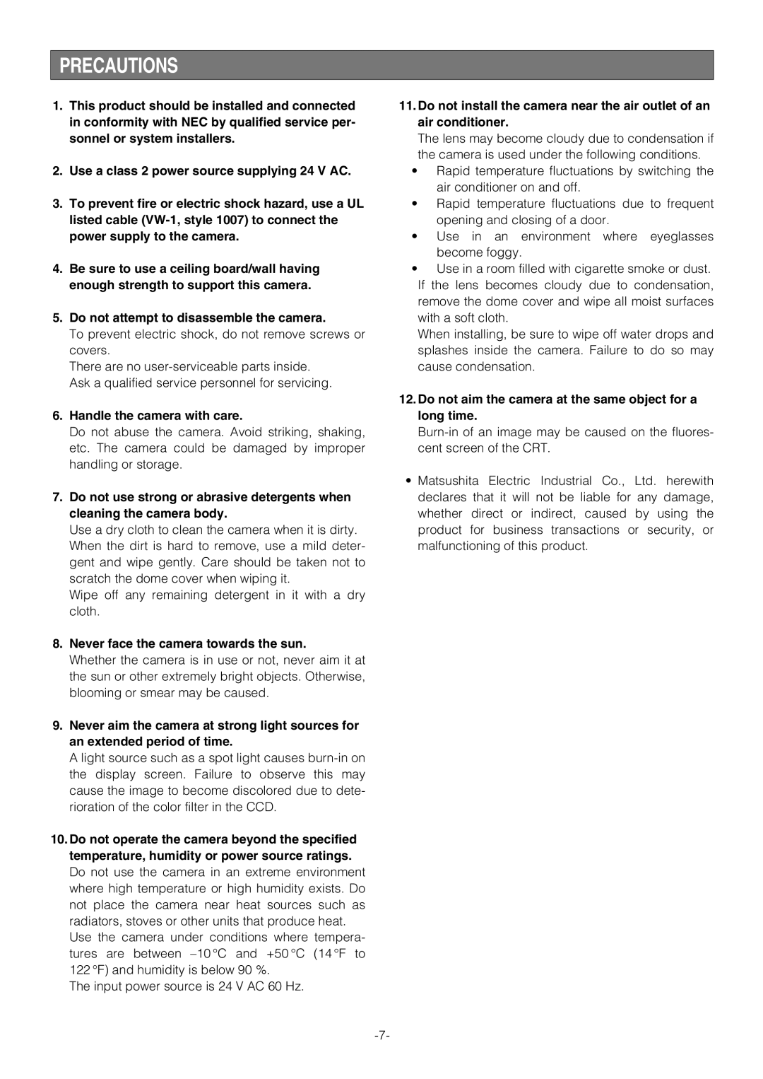 Pantech WV-NW474S manual Precautions, Handle the camera with care, Never face the camera towards the sun 