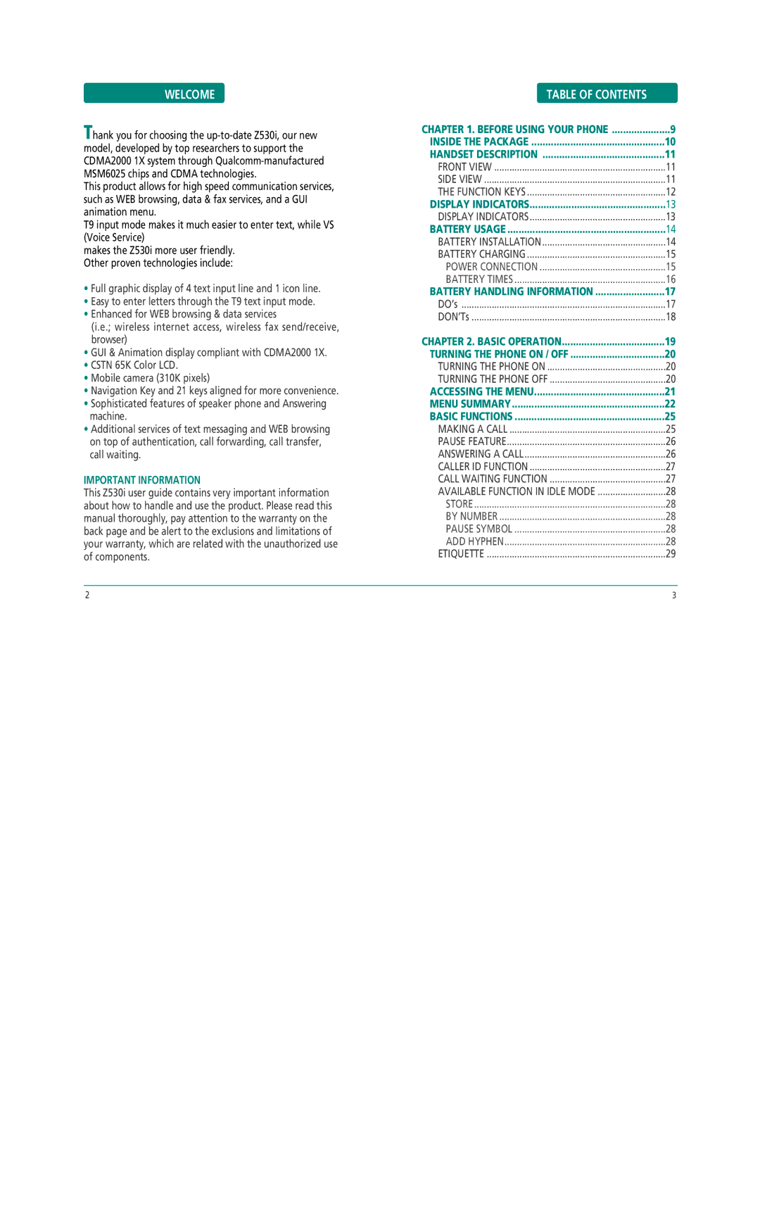 Pantech Z530i manual Welcome, Table of Contents 