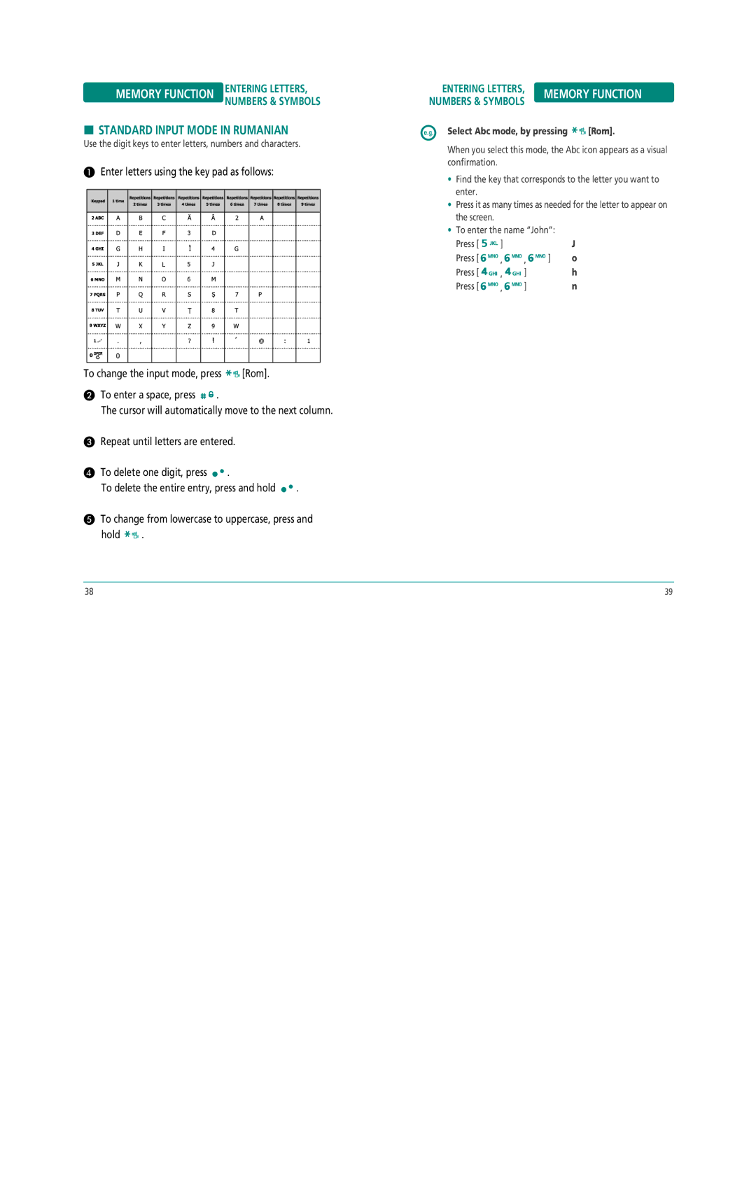 Pantech Z530i manual Standard Input Mode in Rumanian, Select Abc mode, by pressing Rom 