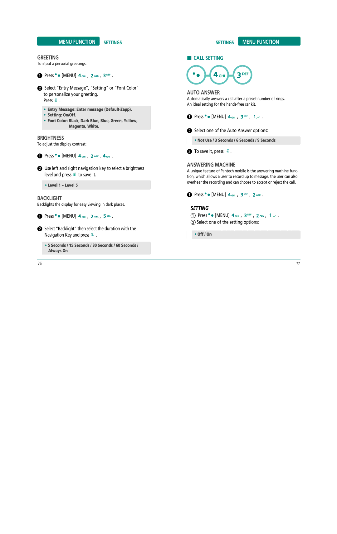 Pantech Z530i manual Setting 