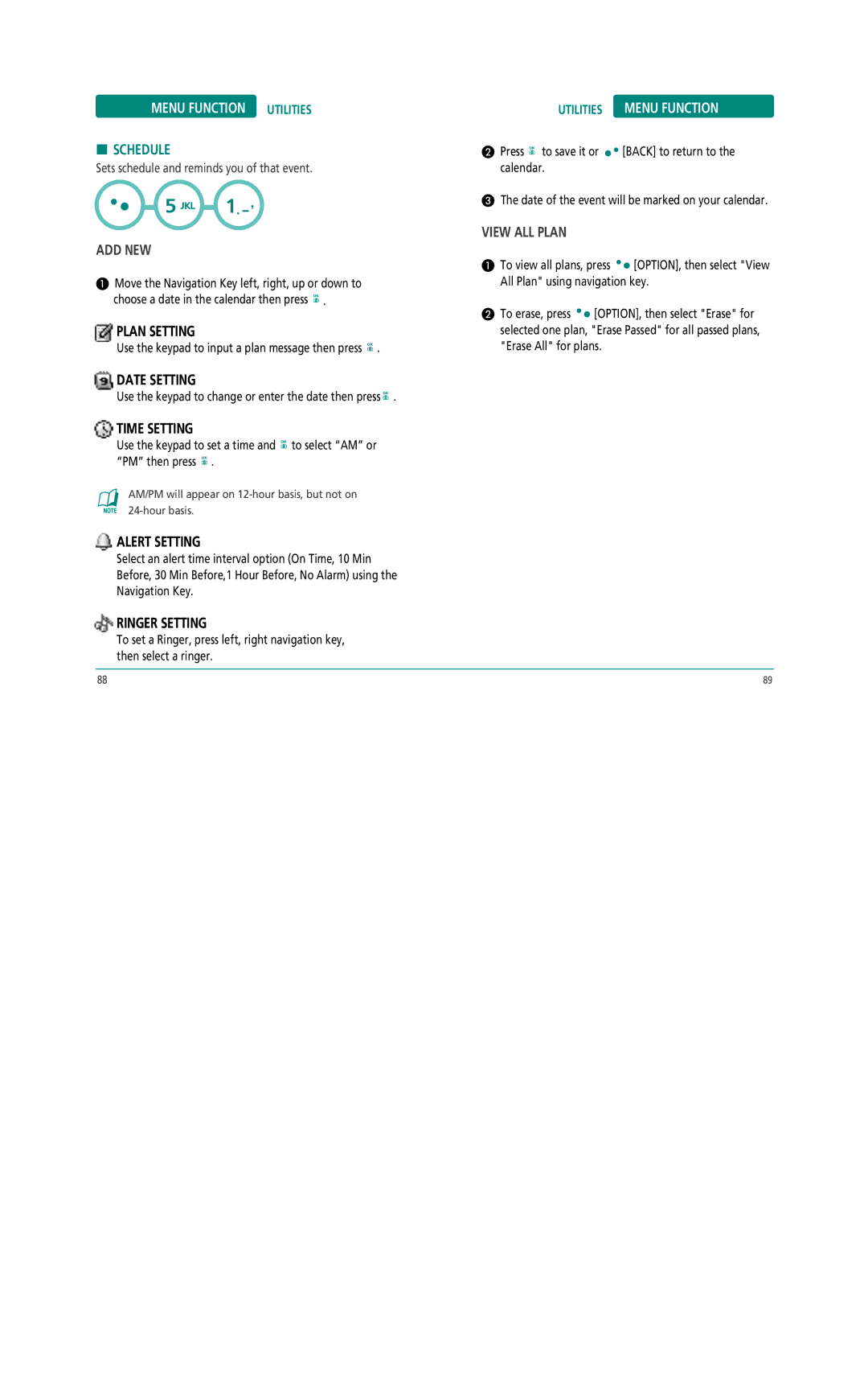 Pantech Z530i manual Menu Function Utilities, Schedule, Add New, Utilities Menu Function, View ALL Plan 