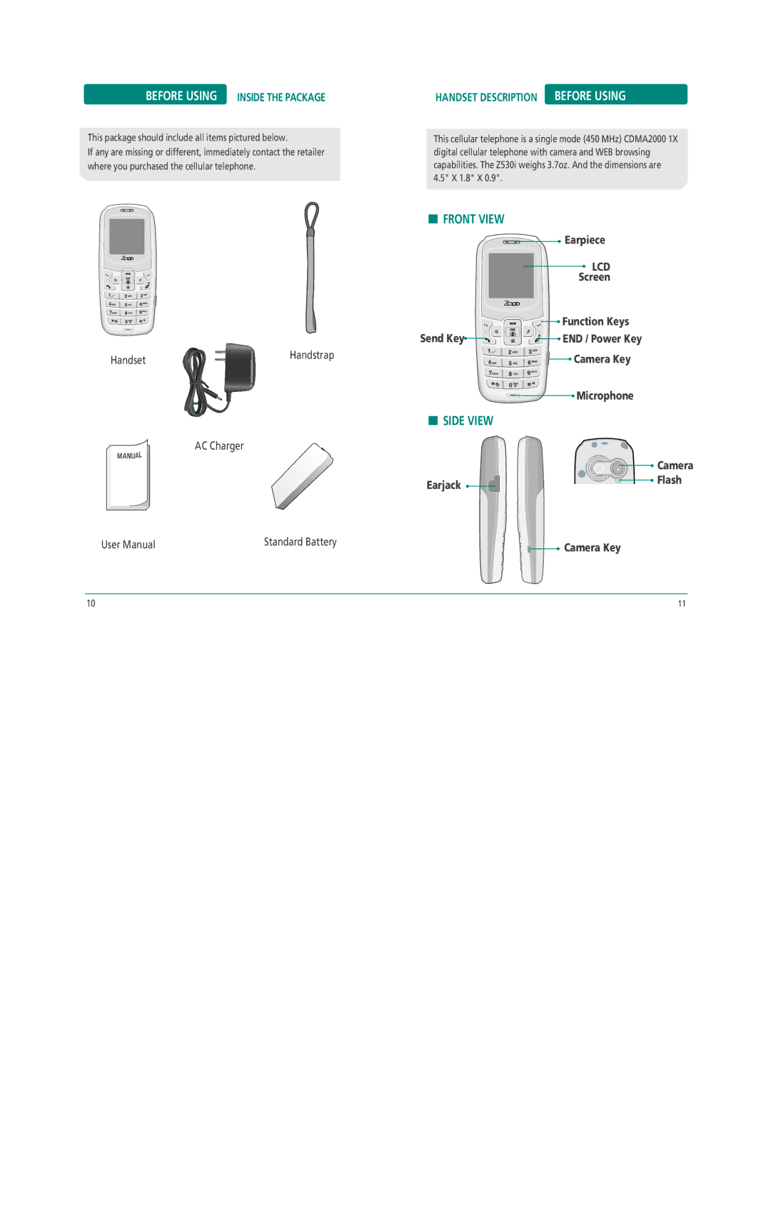 Pantech Z530i manual Front View, Side View, Handset Description Before Using 