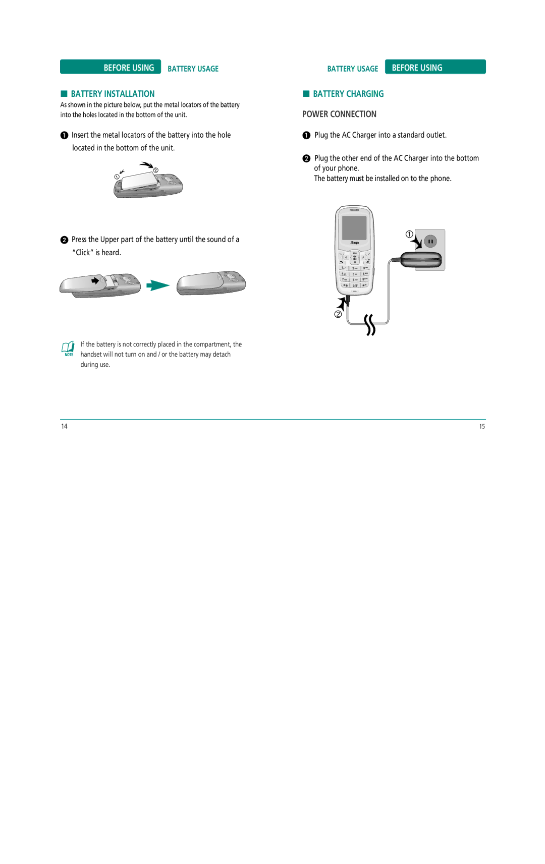 Pantech Z530i manual Battery Installation, Battery Usage, Battery Charging Power Connection 