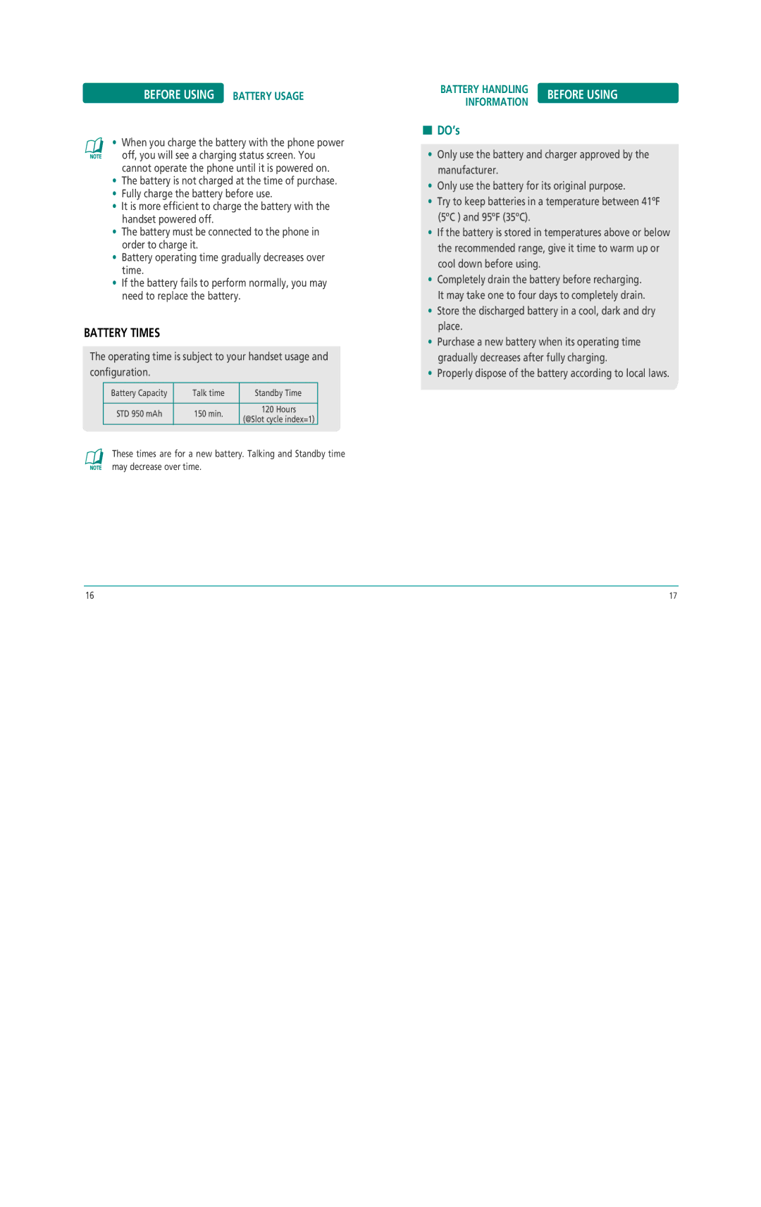 Pantech Z530i manual Battery Times, Information 