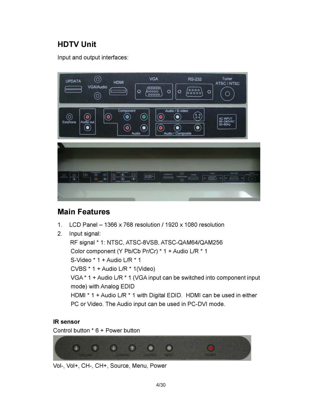 Pantel PAN200, PAN420, PAN520, PAN650, PAN320 manual Hdtv Unit, Main Features, IR sensor 