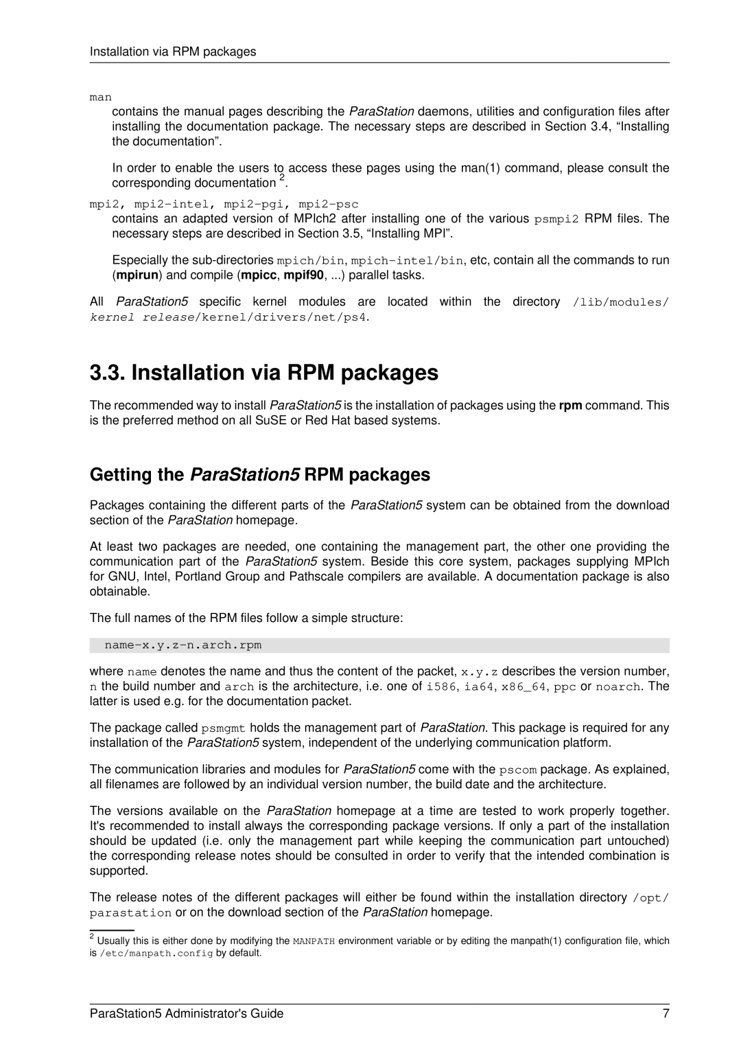 PAR Technologies V5 manual Installation via RPM packages, Getting the ParaStation5 RPM packages, Man, Name-x.y.z-n.arch.rpm 