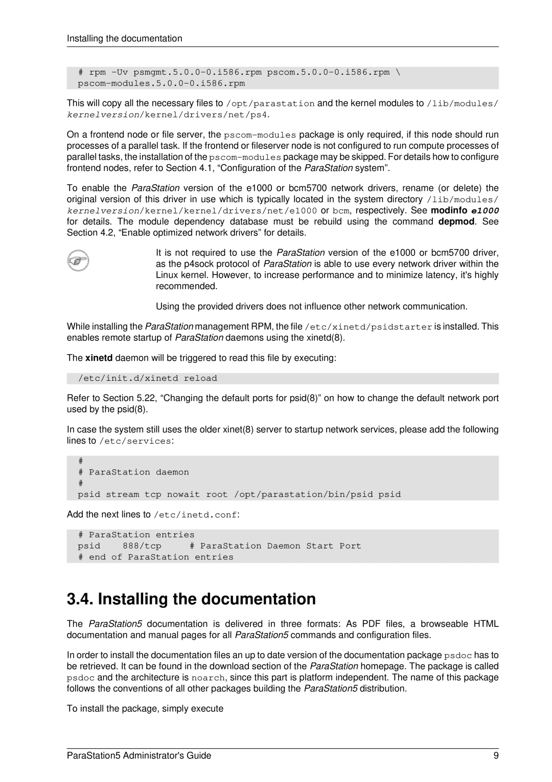 PAR Technologies V5 manual Installing the documentation, Etc/init.d/xinetd reload, ParaStation entries 