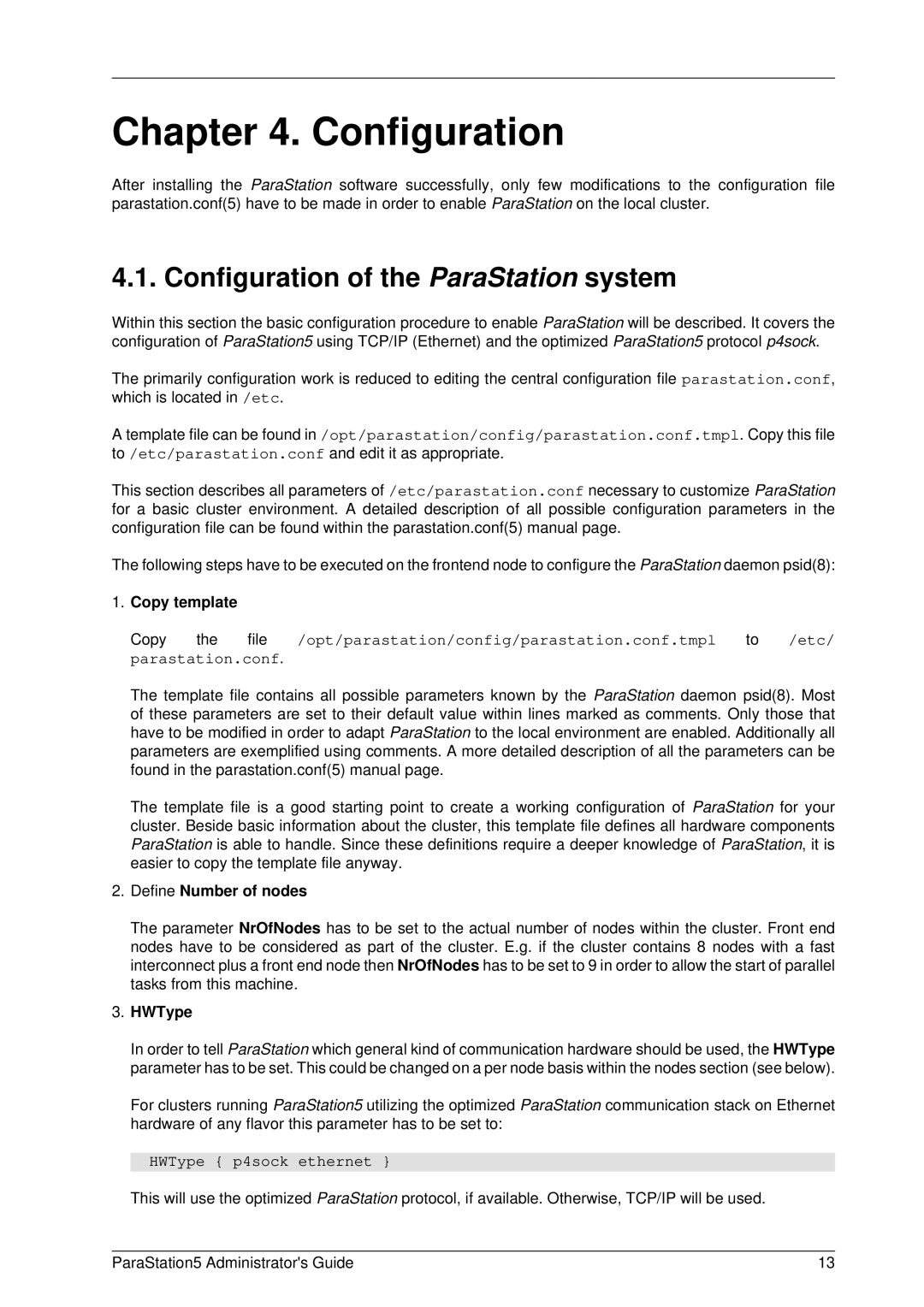 PAR Technologies V5 manual Configuration of the ParaStation system, Copy template, Define Number of nodes, HWType 