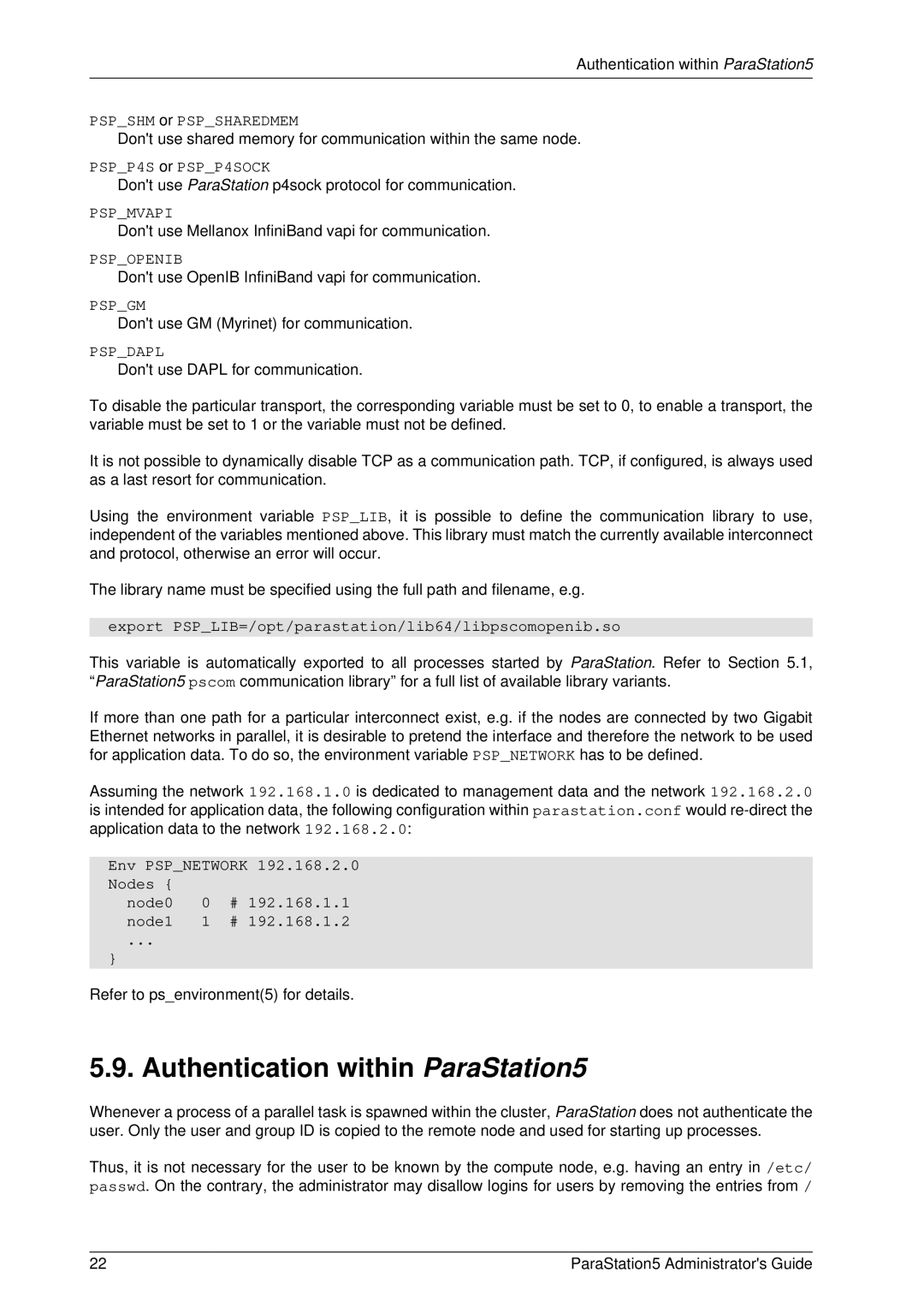 PAR Technologies V5 manual Authentication within ParaStation5, Pspshm or Pspsharedmem, PSPP4S or PSPP4SOCK 