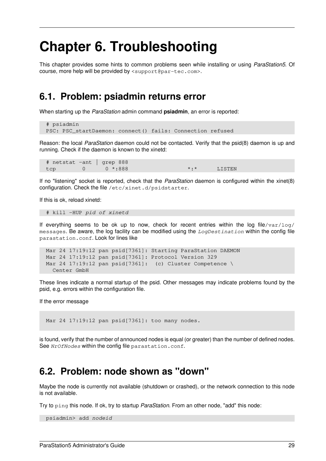 PAR Technologies V5 manual Troubleshooting, Problem psiadmin returns error, Problem node shown as down 