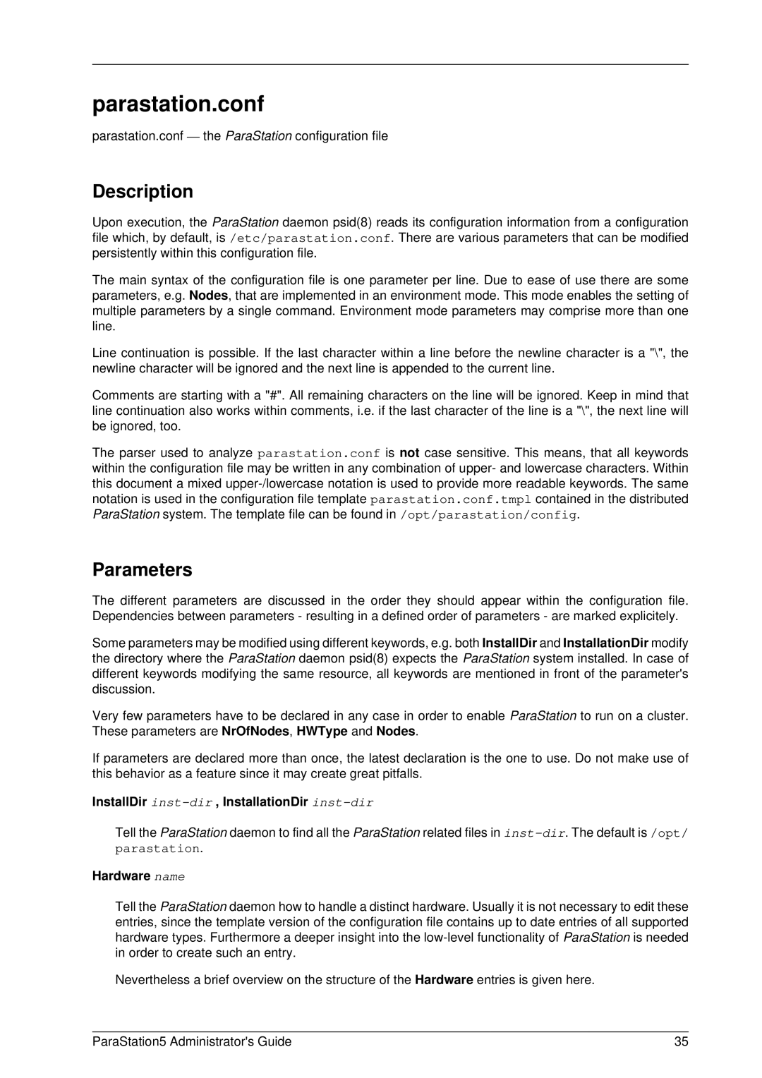 PAR Technologies V5 manual Parastation.conf, Description, Parameters, InstallDir inst-dir , InstallationDir inst-dir 