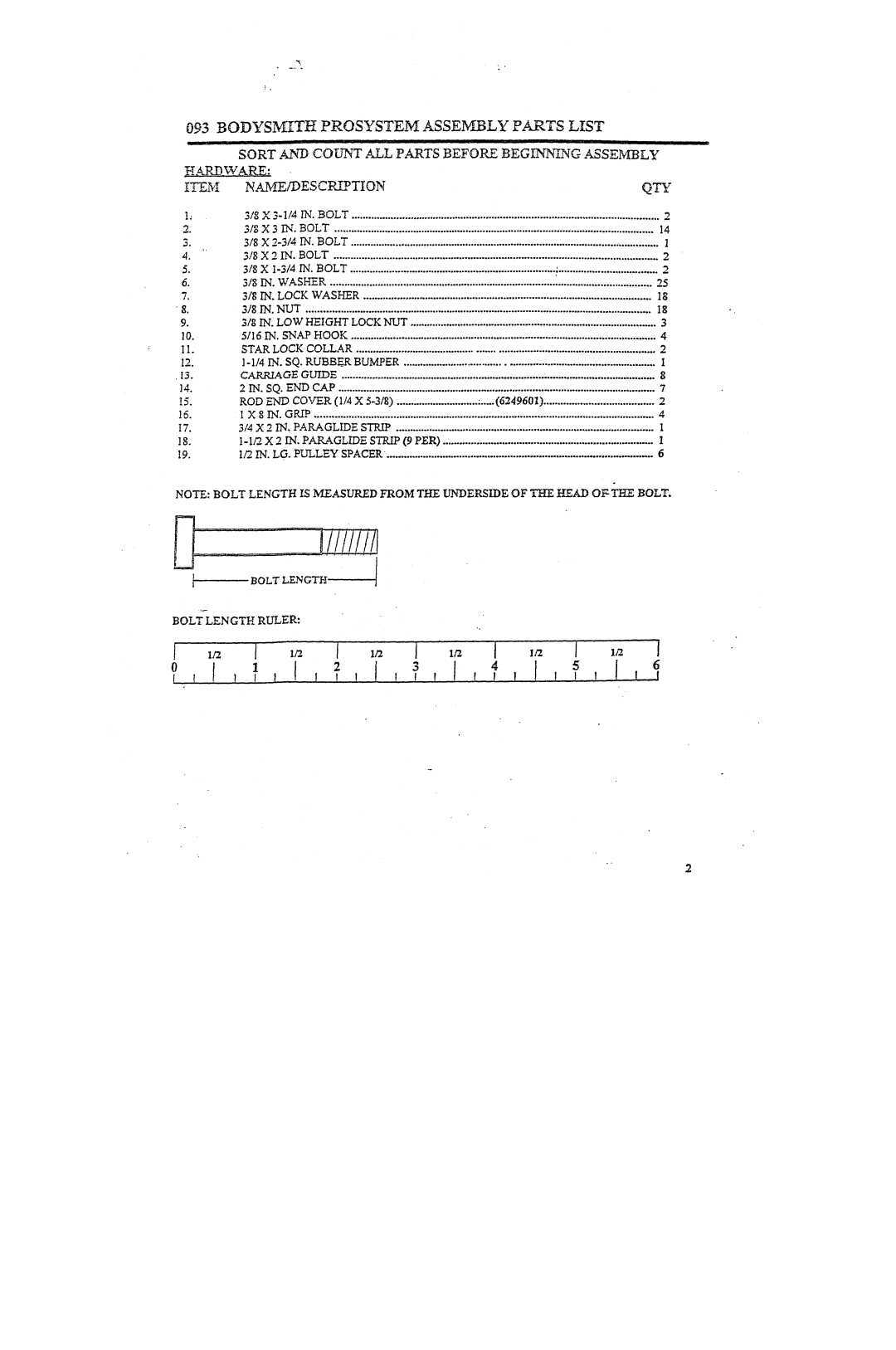 ParaBody 093 manual Bolt Length 